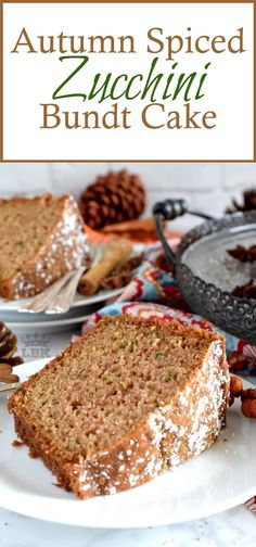 a slice of zucchini bundt cake on a plate with pine cones in the background