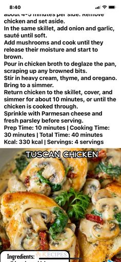 the recipe for chicken with mushrooms and spinach is shown in an advertment