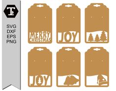 christmas tags with the words joy and trees