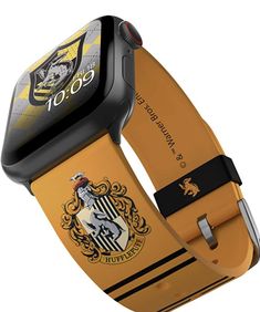 an apple watch with the hogwarts crest on it's side and yellow band