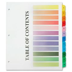 an assortment of different colored paper with the words table of contents written on each side