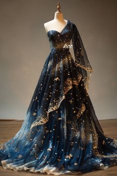 Prom Dress Designs Ideas, Moon Themed Dress, Fantasy Star Outfit, Space Themed Dresses, Starry Night Prom Dress Midnight Blue, Moon Dress Aesthetic, Starry Night Wedding Dress, Celestial Dress Gowns, Star Dress Aesthetic