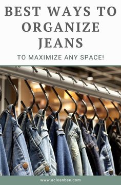 Say goodbye to messy closets! Learn effective techniques on how to organize jeans and keep your denim collection in perfect order. Hangers For Jeans, Hang Jeans With S Hook, Hooks For Jeans In Closet, Hanging Jeans In Closet With Shower Hooks, How To Display Jeans In A Boutique, How To Hang Your Jeans, How To Organize Your Jeans, How To Hang Blue Jeans In Closet, Jeans In Closet Organize