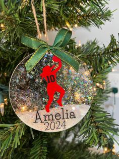 an ornament hanging from a christmas tree