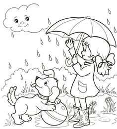 a girl with an umbrella and a dog in the rain coloring pages for kids, printable