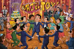 a group of people dancing in front of a cake with the word mazle toy on it