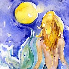 a watercolor painting of a mermaid sitting on the bottom of a wave with a full moon in the background