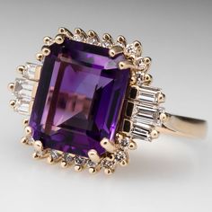 Amethyst Cocktail Ring Diamond Accents 14K Gold Cocktail Ring Diamond, Amethyst Jewelry Ring, Antique Cocktail Ring, Amethyst Rings, Amethyst Cocktail Ring, American Diamond Jewellery, Purple Amethyst Ring, Diamond Cocktail Ring, Gold Rings Fashion