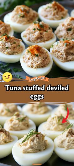 an image of deviled eggs with tuna stuffed in them