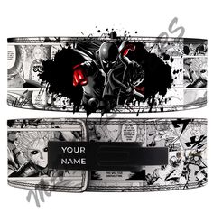 two belts with anime characters on them, one is black and the other is white