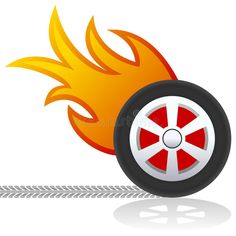 a red and white fire wheel with flames on the front end, against a white background