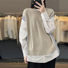 Wool Cotton Splicing Sweater Round Collar Strip PulloverThis is Asia Size, 1cm=0.394inch, 1inch=2.54cm  M: bust: 110 cm,   length: 68 cm  L: bust: 116 cm,   length: 69 cm XL: bust: 122 cm,   length: 70 cm  XXL: bust: 124 cm,   length: 71 cm   Note:(manual measurement, there may be 1-3 cm error thank you for your understanding.) And due to different displays and different batches of products, the real picture may be slightly different. Thank you for your understanding. Crew Neck Sweater For Layering, Beige Patchwork Tops For Work, Beige Patchwork Sweater For Layering, Beige Color Block Sweater For Layering, Loose Knitwear, Lace Sweater, Spring Sweater, Fine Yarn, Merino Wool Sweater