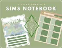 the sims notebook is next to an image of a map and a green background