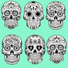 six sugar skulls with different designs on them