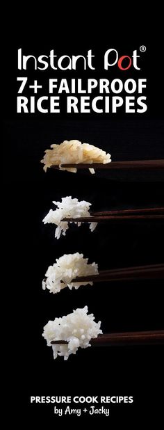 the cover of instant pot 7 - ingredient rice recipes by andy & susan, featuring five pieces of fried rice on chopsticks