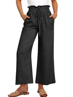 PRICES MAY VARY. Casual Linen Pants - US SIZE: S=US(4-6), M=US(8-10), L=US(12-14), XL=US(16-18), XXL=US(20-22), our palazzo pants feature a drawstring, elastic high waist, and relaxed style to flatter all body types. Occasion - This wide leg capri trousers suit for vacation, beach, travel, work, outdoor activity, home and lounge wear. They are so light weight,flowy,comy and stylish looking for any occasion. Featurs - Linen material, slouchy style, elastic draswtring hig wasited, 2 Side deep pock Non-stretch High Waist Wide Leg Pants With Drawstring, Black Drawstring Wide Leg Pants For Summer, Womens Flowy Pants, Womens Linen Pants, Women Pants Size Chart, Summer Linen Pants, Casual Linen Pants, Cozy Pants, Flattering Pants