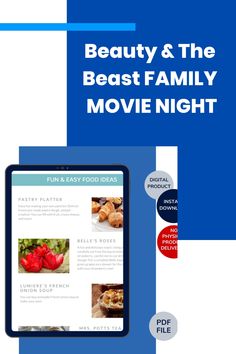 the beauty and the beast family movie night flyer is displayed on a tablet computer screen