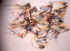 an artistic drawing of three people running