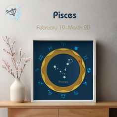 the zodiac sign for pisces is displayed in front of a vase with flowers