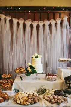 a table topped with lots of desserts and pastries