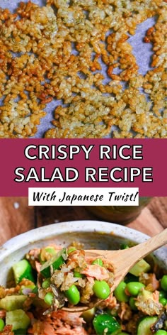 Crispy rice salmon bowl with vibrant green vegetables and Japanese-inspired seasonings Teriyaki Crispy Rice Salad, Asian Crispy Rice Salad, Teriyaki Crispy Rice Chicken Salad, Japanese Veggie Recipes, Crunchy Rice Recipes, Japanese Rice Recipe, Crispy Rice Recipe, Yuzu Dressing