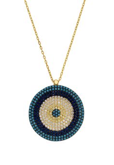 Make a statement with our beautiful Evil-Eye Pendant Necklace! This trendy piece of jewellery is just what you need to add a little sparkle to your look. Handcrafted with 925 sterling silver that has been dipped in 18ct gold, and an abundance of blue, white and yellow zirconia creating the protective evil eye that provides a magical feel. Wearing an Evil Eye charm pendant is believed to offer additional protection. The charm is thought to deflect negative intentions and attract good luck. If som Blue Gold Plated Jewelry With Adjustable Chain, Elegant Blue Circular Jewelry, Evil Eye Cubic Zirconia Round Necklaces, Evil Eye Round Cubic Zirconia Necklace, Gold Plated Evil Eye Jewelry, Eye Pendant Necklace, Large Pendant Necklace, Eye Pendant, Evil Eye Pendant