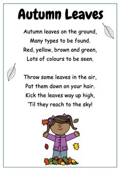 an autumn poem with the words autumn leaves on it and a girl standing in front of her