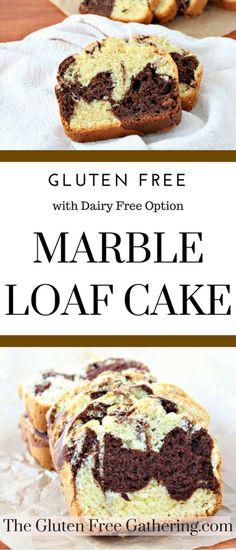 marble loaf cake with chocolate swirl on top and the text gluten free with dairy free option