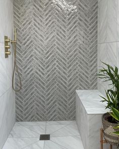 a white tiled shower with a plant in the corner