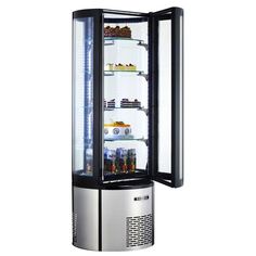 Marchia MVSR400 Refrigerated 69 Vertical Curved Glass Cake Display Case - TheChefStore.Com Glass Cake Display Cabinet, Cake Display Case, Glass Shelves Kitchen, Bakery Display Case, Refrigerator Cabinet, Bakery Display, Shelf System, Glass Cake, Swinging Doors