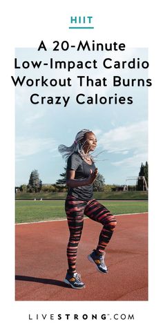 a woman is standing on a tennis court with the words hit 20 - minute low impact cardio workout that burns crazy calories