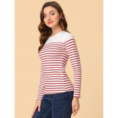 This contrast stripe T-shirt is a classic style for daily life. This piece is contrasted with a color block to fulfill your style statement from a boring all-over stripe top. It's cut from soft fabric that makes you feel comfortable day to night. These casual striped t-shirts match jeans, pants, skirts, or leggings freely, and they are perfect for daily wearing. Red Casual Top With Contrast Color, Red Cotton Top With Vertical Stripes, Casual Red Top With Contrast Color, Casual Red Tops With Contrast Color, Red Contrast Color Crew Neck Tops, Red Cotton Tops With Vertical Stripes, Striped Cotton Tops With Contrast Color, Cotton Striped Top With Contrast Color, Casual Red T-shirt With Contrast Stripes