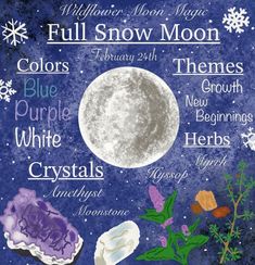 the full moon is shown with its names in different colors and sizes, including snowflakes