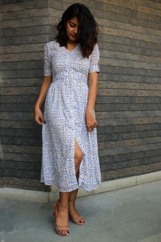 "White-grey block printed cotton maxi dress, Button down dress, Custom made, Made to order, Plus size This light-weight sundress is perfect for you leisure time. It has beautiful vine block print. -Model height: 5'3\" wearing size S -Length: 46\" -Fit: Comfortable -100% Cotton Hand block printing is one of the oldest techniques used in India." Desi Dress, Casual Frocks, Cotton Shirts Women, Frock Fashion, Ikat Dress, Cotton Maxi Dress, Designer Kurtis, Frock Design, Cotton Maxi