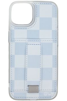 a blue and white checkered phone case with a metal clip on the back of it