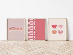 three framed art prints with hearts on them