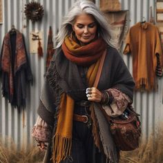 Autumn! The scarves can come out of the closet again.....☼๑♥ Casual Boho Island vibes look in which rust and ochre yellow combine beautifully with the dark gray ☼๑♥ AI generated Outfit Bohemio, 50s Women, Stylish Outfits For Women Over 50, Cabin Core, Ochre Yellow, Fierce Women, Whimsy Goth, Lagenlook Style, Boho Inspiration