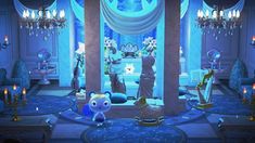 a room with blue walls and chandeliers on the ceiling, two stuffed animals in front of a window