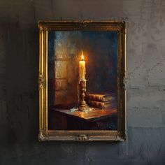 an oil painting of a lit candle on a table with books in front of it