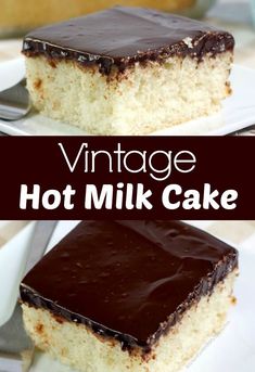 two slices of cake with chocolate frosting on top and the words vintage hot milk cake below