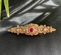 Paste ruby and paste diamond brooch. Simple yet pretty and easy to wear.  Length- 45mm Roll top clasp. Antique Red Brooch For Formal Occasions, Red Diamond Brooch, Red Diamond Brooch Jewelry, Antique Red Wedding Brooch, Formal Ruby Brooch Jewelry, Diamond Brooch, Roll Top, Vintage Brooch, Gorgeous Necklaces