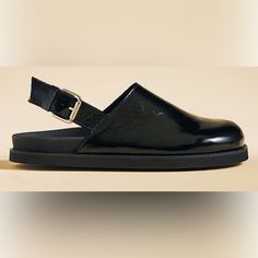 Pilcro For Anthropologie Patent Leather Slingback Clog. Nib Size 38/7-7.5 36/6-6.5 Retro Leather Slip-on Clogs, Black Leather Slip-on Clogs, Black Slip-resistant Functional Clogs, Functional Black Non-slip Clogs, Black Slip-on Clogs With Buckle Closure, Mule Clogs, Mules Shoes, Patent Leather, Clogs