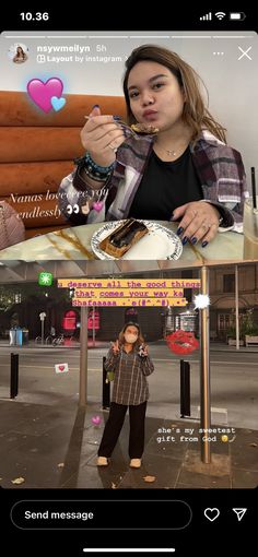 the girl is eating food at the table and drinking water from her cup while standing on the street