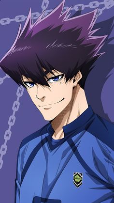 an anime character with black hair and blue eyes, wearing a uniform that has chains around his neck