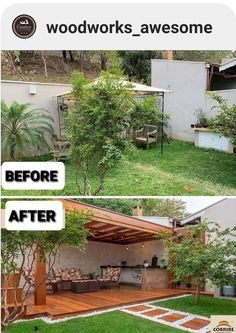 the before and after pictures of an outdoor living area with woodworkings, awesome