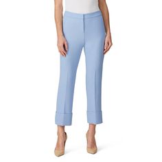 Blue crepe (69% Polyester, 28% Viscose, 3% Elastane). Pants. Front zipper with hook-and-eye closure. Pockets. 27" Inseam, 11" Rise. 38" from waist to hemline. Imported. Fitted Ankle-length Pants With Button Cuffs, Spring Tailored Pants With Button Cuffs, Tailored Pants With Button Cuffs For Spring, Blue Dress Pants For Spring, Spring Office Bottoms With Straight Hem, Spring Dress Pants With Straight Hem For Office, Spring Office Dress Pants With Straight Hem, Fitted Pants With Button Cuffs For Spring, Fitted Bottoms With Button Cuffs For Spring