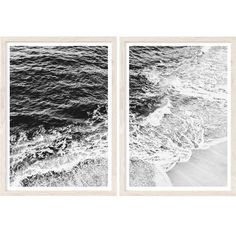 two black and white pictures of the ocean