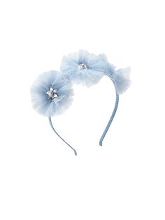 Featuring three tulle flowers snuggled side-by-side on a ribbon-encased metal headband, the Snow Kissed Headband in Blue Dusk is bound to surprise and delight! Each flower is delicately created with layers of tulle petals to create a stunning bouquet. It's beautifully decorated in the centre with a sparkling cluster of beads to form a glittering snowflake studded with a glimmering pearl bead. Shipping and Returns This product can be returned/exchanged within 20 days of receiving the item. All or Saving Face, Metal Headband, Tulle Flowers, Metal Headbands, Side By Side, The Snow, Cotton Weaving, Pearl Beads, Baby Blue