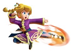 a cartoon character flying through the air with fire in her hair and wearing a purple outfit