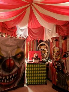 an image of a circus tent with clowns on the walls and decorations around it